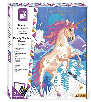 Janod - Coffret Peinture Par Numéro Licornes - 2 Tableaux à Réaliser - Les Ateliers du Calme - Kit Loisir Créatif Enfant - Dès 7 Ans, J07985, Multicolore, Taille unique