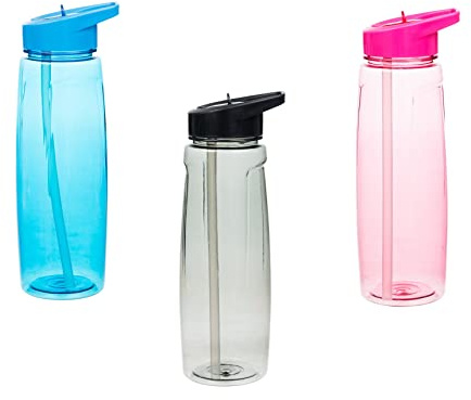 Invero Set of 3 Large Water Drinking Bottles with Flip Straw 750ml BPA-Free Leak-Proof Coloured Drinks Bottle Ideal for Outdoor Sports, Gym, General Home, Offices and more