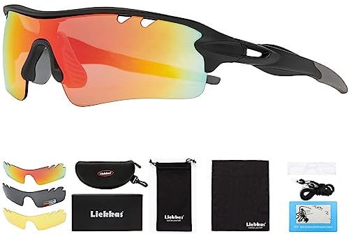 Liekkas Polarised Sports Sunglasses For Men Women with 3 Interchangeable Lenses for Running Cricket Mountain Bike Cycling Glasses Black Orange