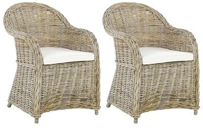Gartensessel mit hoher Lehne Rattan natürlich 2er Set Auflagen cremeweiß Susua