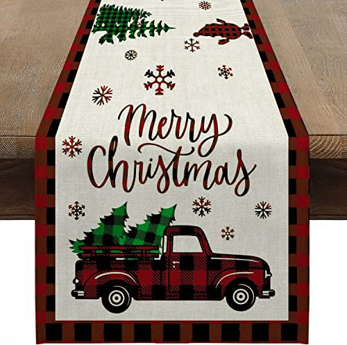 Weihnachten Tischläufer Leinenoptik Abwaschbar Tischdecke 33x183 cm Christmas Winter Weihnachtsdeko für Esszimmer Restaurant Hotel (Rot und Schwarz Karierter LKW)