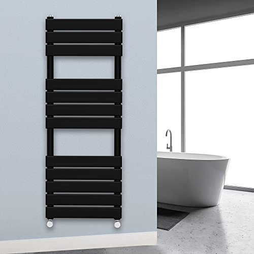 Warmehaus Flat Panel Heated Towel Rail Radiator Ladder for Bathroom Wall Mounted Black 1200x450mm with free Pair of Radiator Valves