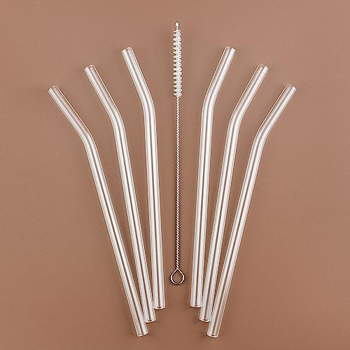 PRECORN Lot de 6 pailles en verre incurvées transparentes réutilisables + brosse de nettoyage passe au lave-vaisselle Pailles en verre pour cocktails, smoothies, jus