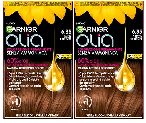 Garnier Olia Permanente Haarfarbe, ohne Ammoniak, Färbung mit Blütenölen natürlichen Ursprungs mit aufhellender und pflegender Wirkung, Farbe 6,35, Hellbraun, Schokoladenbraun, 2 Packungen