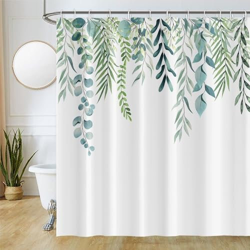 Uiiooazy Rideau Douche Anti Moisissure, Rideau de Douche 180x200cm Feuilles d'eucalyptus Vert Motif Rideaux de Baignoire Tissu Lavable Imperméable Polyester Rideaux Salle de Bain avec 12 Crochets