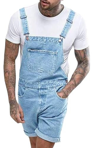 Oanviso Salopette Corta in Denim da Uomo Tinta Unita/Foro Strappato Jumpsuit con Cinturino Regolabile Multi-Tasche Casual Jeans Comodo Salopette Classico Vintage Abiti da Lavoro B Blu Chiaro L