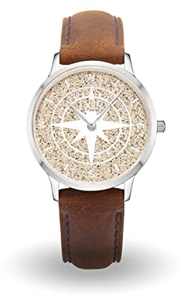DUR Uhr Kompass oder „Küste“ mit Strandsand oder Lavasand, wasserdichte Edelstahl-Uhr mit Saphir Glas, Armband aus Leder oder Edelstahl, Damen und Herren