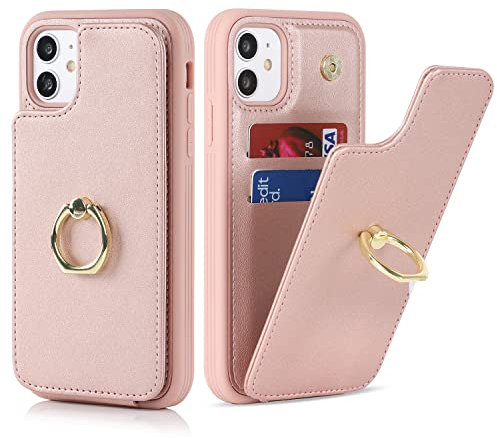 Cavor Phone Case compatible with iPhone 11 Pro Max Case With Card Holder,Flip Folio Leather Wallet Case,Ring Kickstand Shockproof Cover Case compatible with iPhone 11 Pro Max - Rose gold