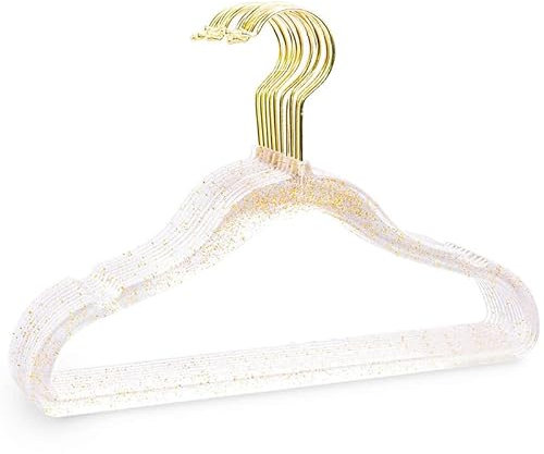 LIYJTK 10 Stück Transparente Acryl-Kleiderbügel Für Den Schrank, 40 cm Glitzernder Kunststoff-Kleiderbügel, rutschfest, Platzsparend, Anzugsbügel, Robuster Kleiderbügel Mit Rutschfesten Kerben(Gold)