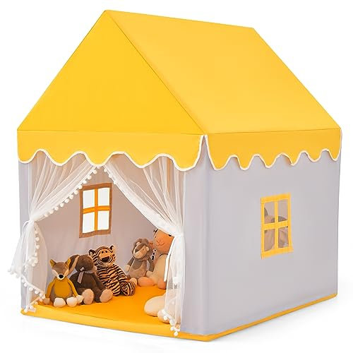 COSTWAY Tente de Jeux Enfant Intérieur Extérieur avec Tapis Antidérapant, Maison de Jeu en Château de Style Princesse en Coton, Cadre en Bois, 120 x 105 x 140 cm, Cadeau pour 4 Garçons et Filles