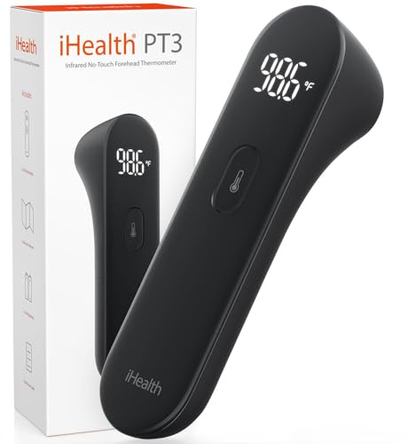 iHealth No-Touch Digital Forehead Thermometer for Adults, Babies, Kids, 3 Ultra-Sensitive Sensors, Quiet Vibration Feedback, Large LED Digits, Easy to Use for Home, PT3 Black