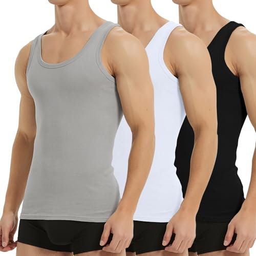 Falechay Unterhemd Herren Tank Top 3er Pack Baumwolle Feinripp ärmellos Muskelshirtst Männer Sportunterhemden Schwarz Weiß Grau M