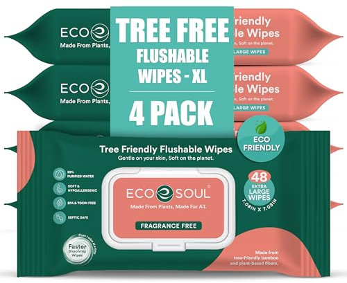 ECO SOUL Bamboo Spülbare Toilettentücher für Erwachsene – parfümfrei | 4 Packungen à 48 Stück | Weiche Intim-, Körper-, Po- und Handreinigungstücher