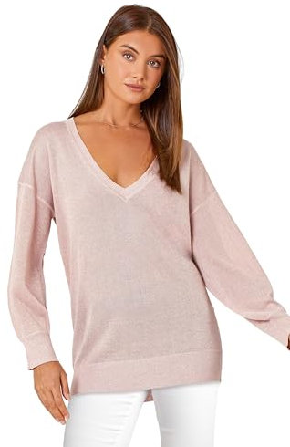 Roman Originals V-Neck Jumper for Women UK Ladies Boyfriend Fit Slouch Sweater Winter Autumn Textured Casual Flattering Knit Pullover Knitwear Daywear Lightweight Lounge - Plain Light Pink - Size 10
