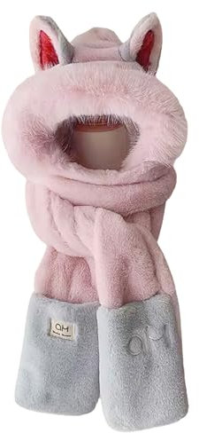 Anopo Kapuzenschal mit Fäustlingen für Damen Winter Warm Kunstpelz 3 in 1 Schal Mütze Handschuhe Combo mit Niedlich Fuchs Ohr Rosa