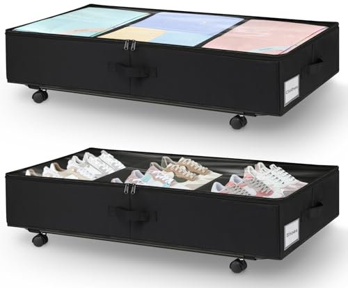 JUPELI 2 Stück Unterbettkommode mit Rollen, 50L Faltbare Unterbett Aufbewahrungsbox, Bettkasten Aufbewahrung Gskisten mit Metall-Bodenstütze, Groß Unterbett Aufbewahrungsbox für Steppdecken Kleidung