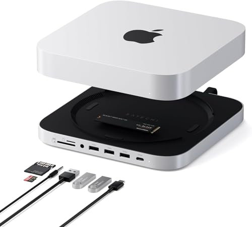 SATECHI Support & Hub Mac Mini avec boîtier SSD, Compatible M.2 SATA SSD, Hub USB‑C Port de Données, Lecteur Micro/SD, USB‑A, Prise Jack 3,5 mm, pour Mac Mini M1/M2/M2 Pro et Mac Studio – Argent