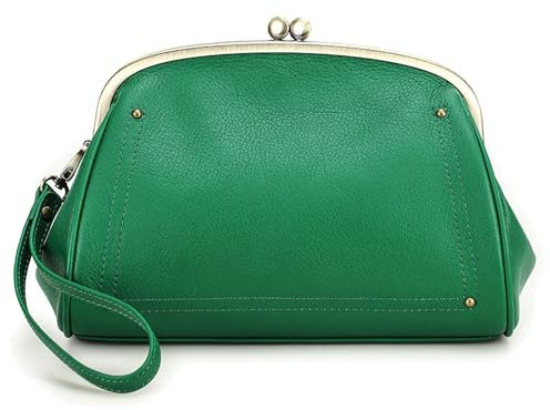 Karoukee Damen Echtleder Handgelenkstasche, Vintage Mehrfächer Geldbörse, Damen Elegante Kiss-Lock Handtasche, Handy Clutch Tasche für Frauen