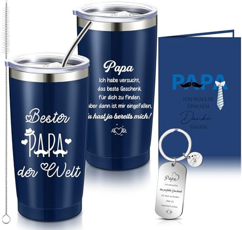 Hestya 3 Piezas Set Regalos para Papá Taza Térmica de Acero Inoxidable para Papá Llavero de Papá con Tarjeta de Felicitación Taza Térmica de Bester Papa Der Welt para Cumpleaños Día del Padre