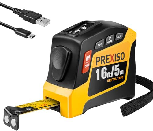 PREXISO Mètre à ruban numérique 2 en 1 – Règle à mesurer rechargeable de 4,8 m (pieds/pieds+in/in/m/cm/mm) – Outil de mesure métrique et rétractable en pouces avec pointe magnétique – Pythagoricien