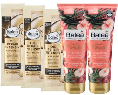 Balea Professional 5er-Set Haarpflege: 3 x Haarmaske OIL REPAIR INTENSIV kräftigt das Haar, schützt vor Haarbruch (3 x 20 ml) + 2 x Shampoo SWEET PARADISE für strapaziertes Haar (2 x 250 ml), 560 ml
