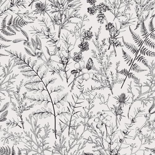 VEELIKE Papier Peint Feuillage Noir et Blanc Papier Peint Autocollant Motif Botanique Genévrier Branches de Fougère Papier Peint Fleur Noir et Blanc Papier Adhesif Mural Chambre Salon 44,5cm×300cm