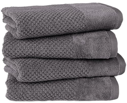 Pure Label 4-TLG. Handtücher Set mit Aufhängeschlaufen aus 100% Baumwolle, saugstark, weich und Oeko-TEX Zertifiziert - 4er Pack Handtücher 50x100 cm aus feinster Baumwolle, Anthrazit - Grau