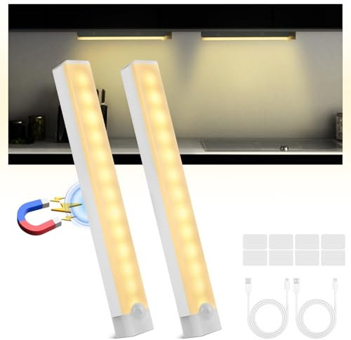 VFANDV 2pcs LED con Sensor de Movimiento, 20cm Armario con 3 Modos Nocturna Sin Cable USB Recargable Barra LED Lámpara Magnetismo Adhesiva para Cocina Gabinete Pasillo Escalera