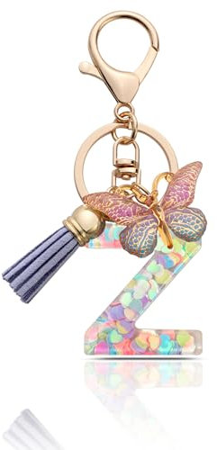 MORSUNBELA Porte-clés avec lettre de l'alphabet - Porte-clés pour fille - Lettre initiale - Papillons - Pour femme, Violet-z, S