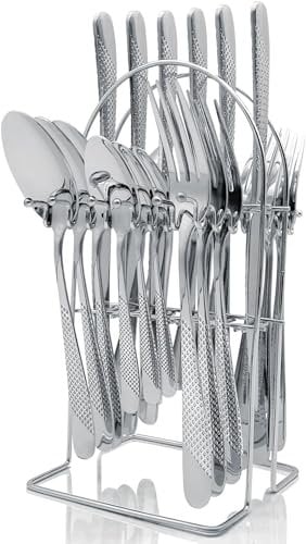 24 Piece Cutlery Set, Stainless Steel Cutlery Set with Holder Service for 6,Mirror Polished Tableware Set for Home Kitchen, Dishwasher Safe (Silvery)
