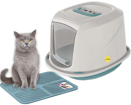 Cat Centre Katzenklo Mit Deckel Katzentoilette Mit Abdeckung Klapptür Mit Blauer Katzenstreu Matte Blau L 57 x 39,5 x 38 cm