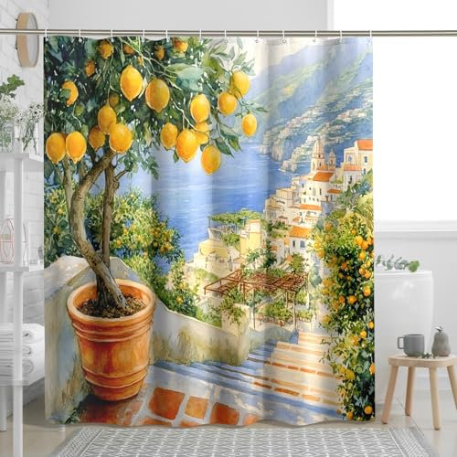 Lemon Tree Shower Curtain, Watercolor Yellow Green Citrus Bathroom Decor for Spring Summer, Modern Coastal Stylish Fabric Shower Curtain Set with Hooks 72x78 Inch