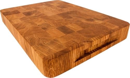 EFO Schneidebrett Holz 40x30x4 cm | Stirnholz Küchenbrett aus Eiche –messerschonend und langlebig | Zweiseitiges Schneidebrett mit praktischen Griffen | Holzbrett groß für Küche mit abgerundeten Ecken