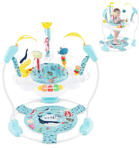 LIFEZEAL Lauflernwagen, Jumperoo Baby mit 360° drehenderm Sitz, Höhenverstellbare Lauflernhilfe mit 9 Spielzeuge, Spielcenter Jungle mit Lichtern & Melodien, für Babys und Kleinkinder (Hellblau)