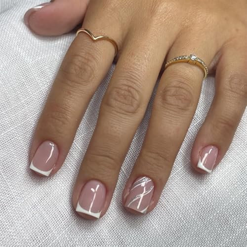 GlamRays Ongles Courts à Presser avec Gel Solide, Carré Rayures Blanches French Tip Ongles Faux Brillants Tendance Autocollants Simples 24 Pièces