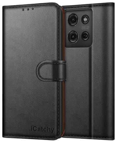 iCatchy for Motorola G75 5G Case Leather Magnetic wallet Flip Cover Card Holder Kickstand Feature Full Protection Shockproof Phone Cover compatible with Moto G75 5G (Black)