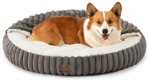 COZY KISS Hundebett mit Decke, Runde Flauschige Anti-Angst Schlafplatz für Mittelgroße und Große Hunde, Kuscheliger Donut-Kuschelbett mit Waschbarem Kunstfell & Rutschfester Boden (89x89x18cm, Grau)