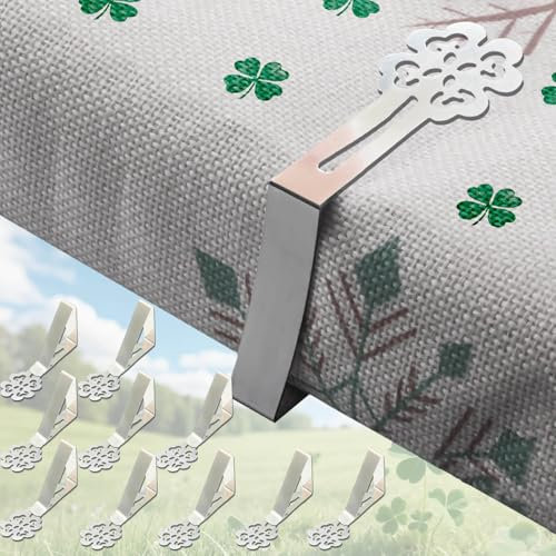 Tischdeckenklammern Outdoor für Dicke Tischplatten, 10 Stück Tischtuchklammern Tischabdeckungsklemmen Edelstahl, Tischdeckenclips für Gartentisch Restauran Picknick Tischdecken- Silber Glücksklee