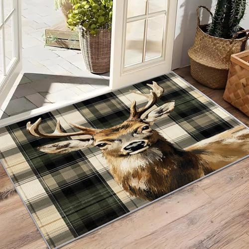 OUZUIU Teppich - Wohnzimmer Schlafzimmer Rustikal Hirsch, Kleiner Teppich Kaschmir-Imitat Jagdmotiv Hirschmotiv, Weich Kurzflor & Waschbar & rutschfest Fussmatte Innen, Faltbar 80x120cm Carpet