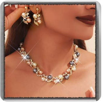 Ushiny Abendkleid Pearl Choker Halskette und Ohrringe Schmuck Set Corful Brautjungfern Blatt Hals und Ohr Zubehör für Damen