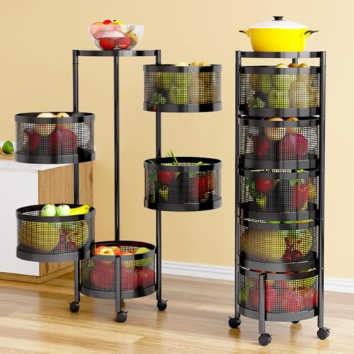 Creperture Küchen Aufbewahrungswagen, 5 Ebenen Rollwage Obst Gemüse Aufbewahrungskörbe, Abnehmbarer Korb Mehrschichtiger Küchenregal mit 360° Drehbare Räder für Küche, Bad,Wohnzimmer,Schwarz