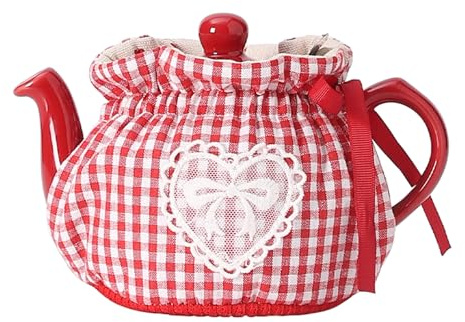 Padded Cotton Tea Cosy for 2‑Cup 400‑600ml Teapot, Vintage Floral & Gingham Insulated Teapot Warmer, Drawstring Ribbon Fastening, Traditional British Kitchen Teapot Cover，Red Square