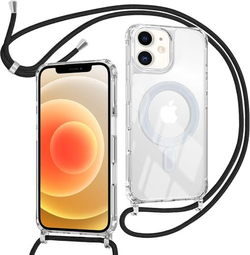 ZYIMOU Coque pour iPhone 12 / iPhone 12 Pro avec Cordon Compatible avec MagSafe, Housse Magnétique Transparente Étui avec Collier Réglable Résistant Silicone Case, Chaîne Noir