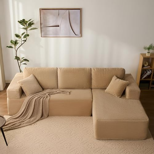 Litbird Modulares L-förmiges Ecksofa mit Schlaffunktion – rahmenloses Schlafsofa mit Chaiselongue rechts, extra tiefer Sitzfläche, montagefrei, für Wohnzimmer,Hellbraun
