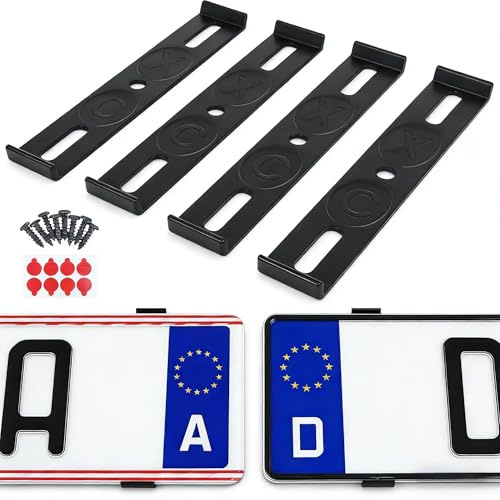 HUANR Frameless Number Plate Holder, Set of 4, Frameless Number Plate Holder, 3D Invisible, 12 x 2 cm, Suitable for 110 mm Number Plate