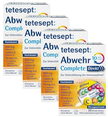 tetesept Abwehr Complete Direkt Sticks, Immunsystem, 4 x 20 Sticks | 10-fach Formel mit Vitamin C, D3 & Zink, Zitrusgeschmack, vegetarisch, laktose- & glutenfrei