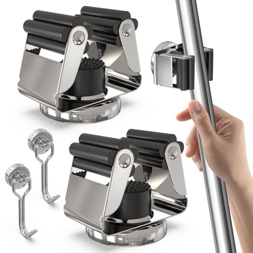 3-H Upgraded Magnetic Broom Holder with Strong Magnetic Hook 4 Pack, Broom Holder Wall Mount No Drill, Stainless Steel Broom Gripper for Garage Garden Shed Storage Laundry Home Kitchen, Silver