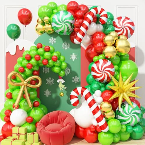 Weihnachten Ballon Girlande Set,141 Stück Luftballons Girlande Rot Grün Weihnachtsdeko,Luftballon Girlande Weihnachten,mit Rot,Grün,Weiß,Gold mit Zuckerstangen,Süßigkeiten,Deko Kindergeburtstag