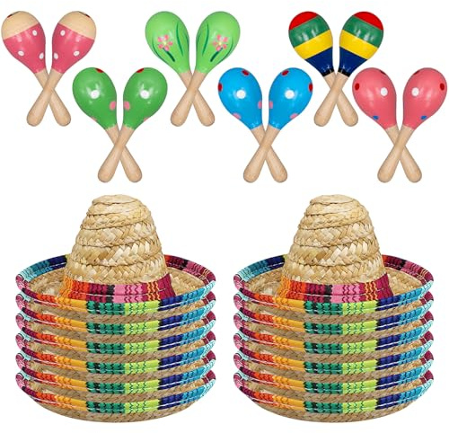 24 Stück Holzmaracas mit Mini Sombrero Hüten – Fiesta Deko Set für Kinder, Mexikanische Party Deko, Cinco de Mayo, Karneval, Geburtstagsfeier