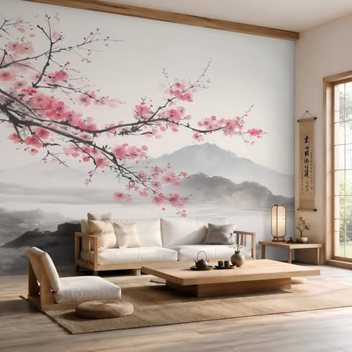 Générique Papier Peint Panoramique Fleur de Cerisier 350x256, Tapisserie Murales Papier Peint Peinture a l'Encre Montagne Japonais Décoration Murale Salon, Intissé Wallpaper W&39